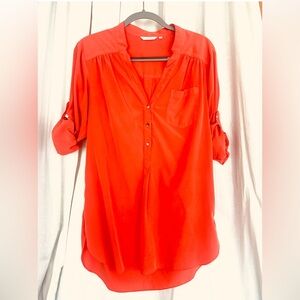 ZOA New York - Tunic Blouse Shell Buttons Roll Tab Sleeves-Flattering Tangerine